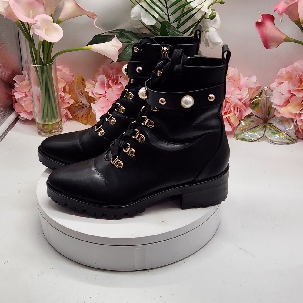 Karl Lagerfeld Lace-up Combat Boots Gold & Pearl Studded Sz 9.5M - Picture 3 of 15
